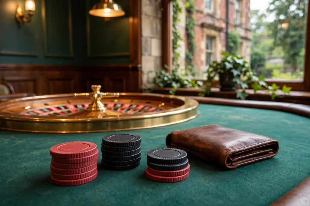 Casino table with stacked chips and a roulette wheel in background