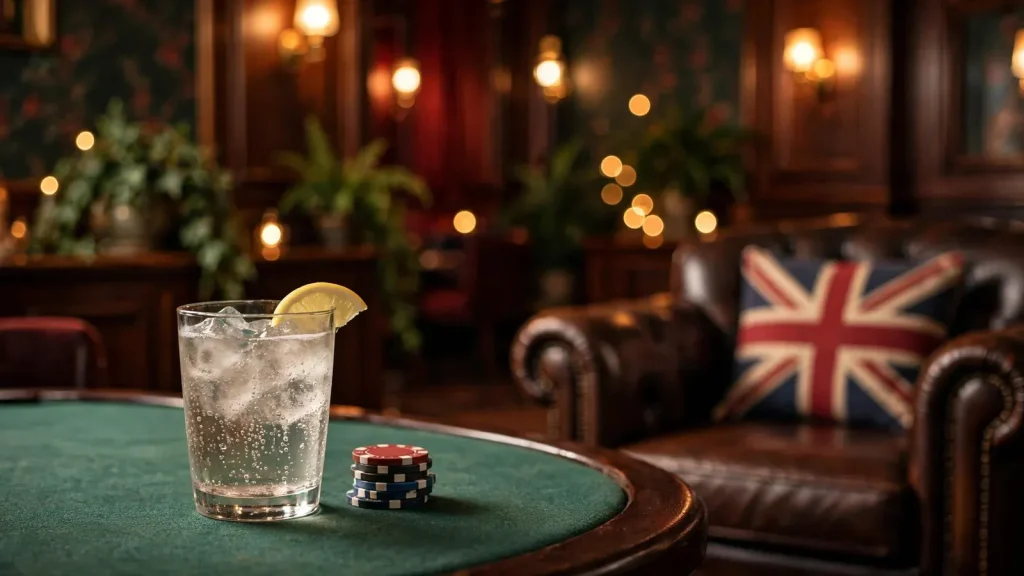 Stylish UK casino lounge scene with chips and warm ambient lighting