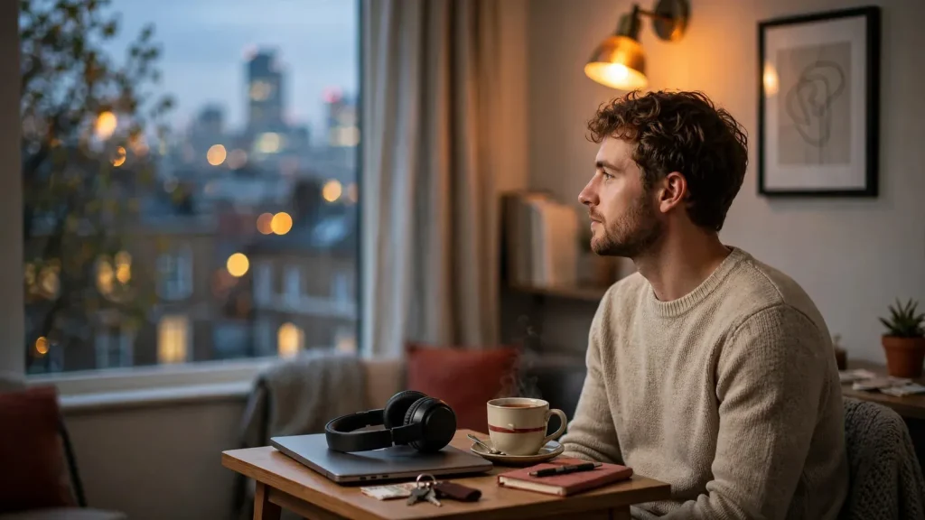 British player at a desk with closed laptop and tea, representing UK online casino free spins offer