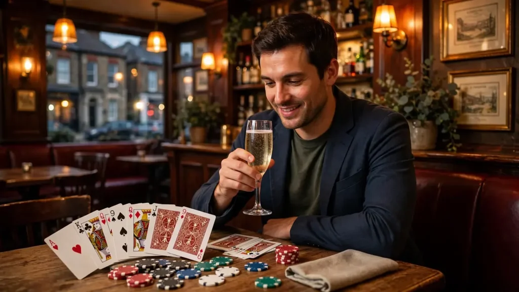 Person with casino chips and cards at a UK pub-style table