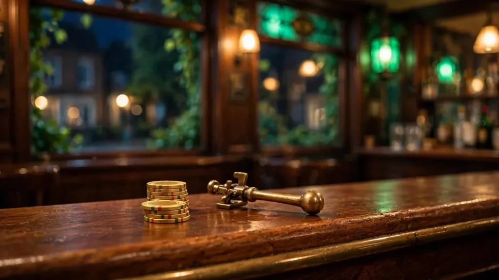 British pub interior with golden casino chips and a brass slot lever on a wooden bar counter