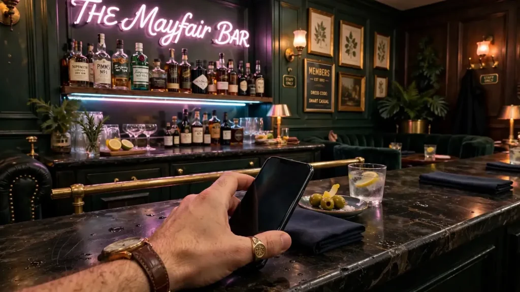 Hand holding smartphone near British pound coins and poker chip under neon casino lights