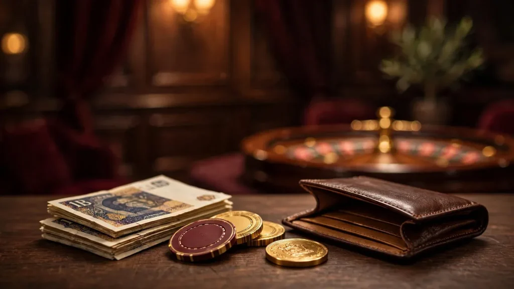 British three-pound notes beside casino chips on a wooden surface
