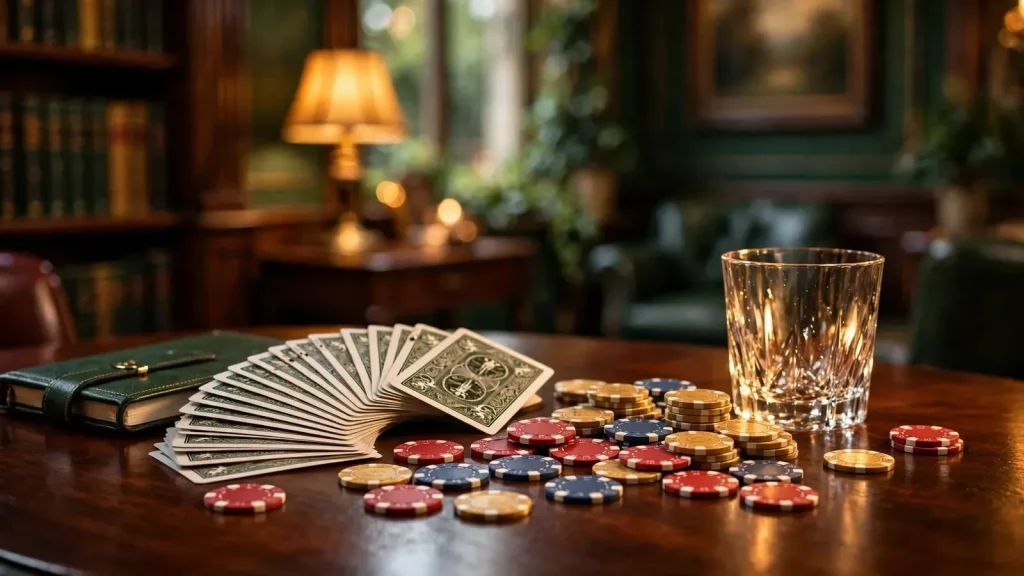 Casino chips, playing cards, and crystal glass on a dark wooden table in a warm British club setting