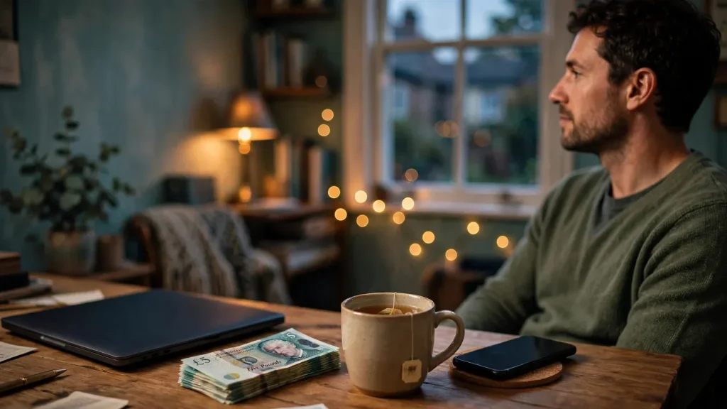 Closed laptop with five-pound notes and tea on a British desk at home