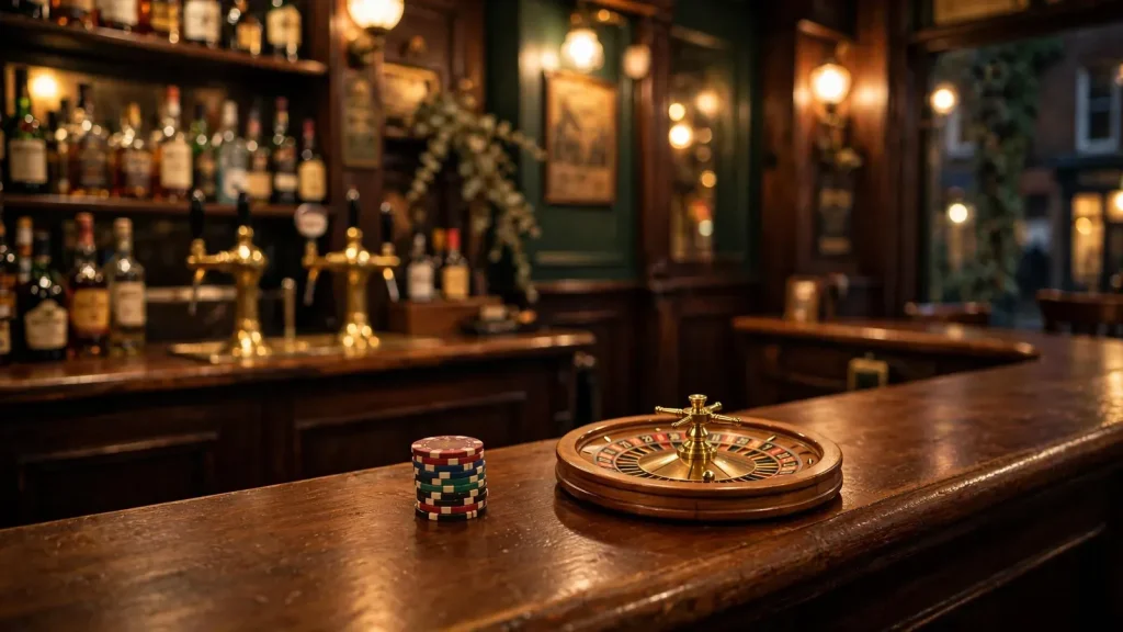 British pub bar with casino chips and a roulette wheel on the counter.