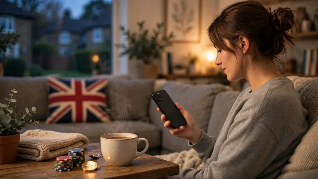 British player relaxing at home with smartphone, casino chips and tea on table