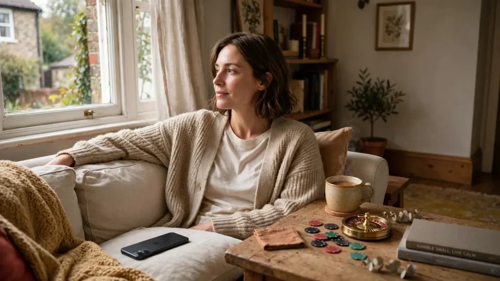 Person relaxing at home with smartphone face-down and casino chips nearby