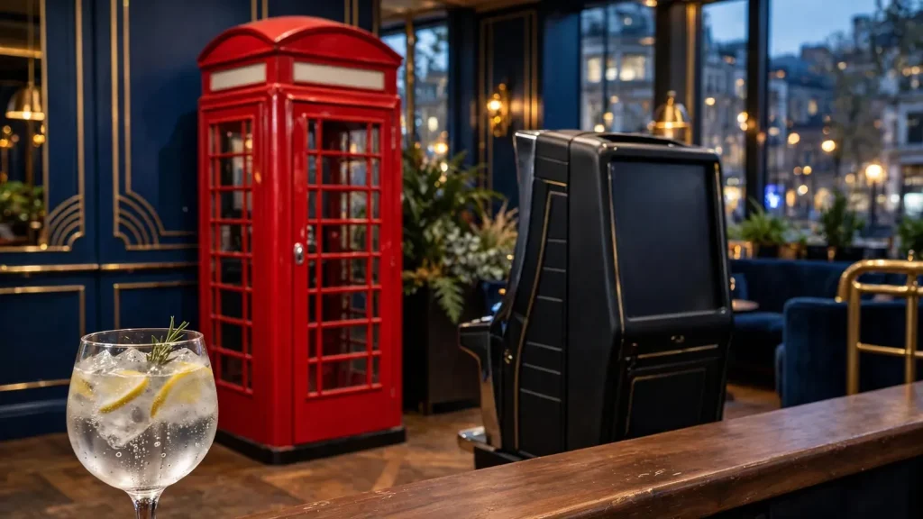 British casino lounge with slot machine and red telephone box, no screen interface visible.
