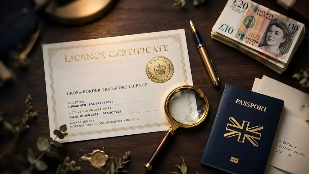 Licence certificate with magnifying glass on a desk beside British passport
