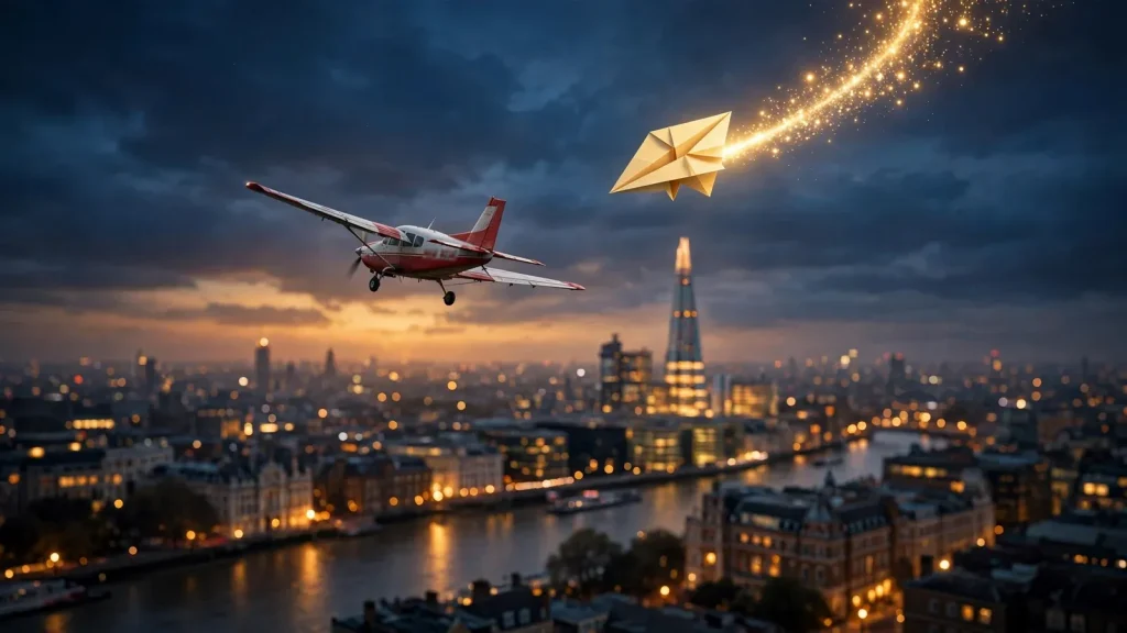 Red propeller plane flying over London skyline at dusk