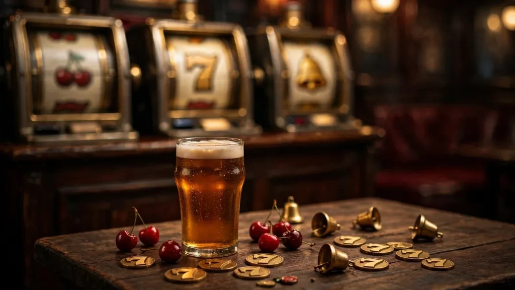 Classic slot symbols and British pub atmosphere for a UK slots article cover