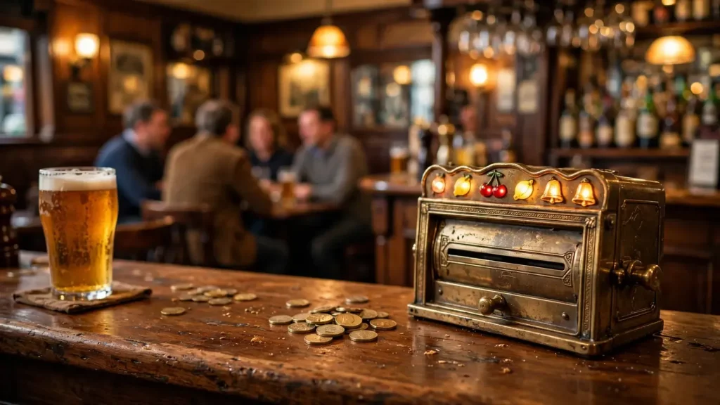 Classic British pub interior with vintage slot machine casing and pint of ale