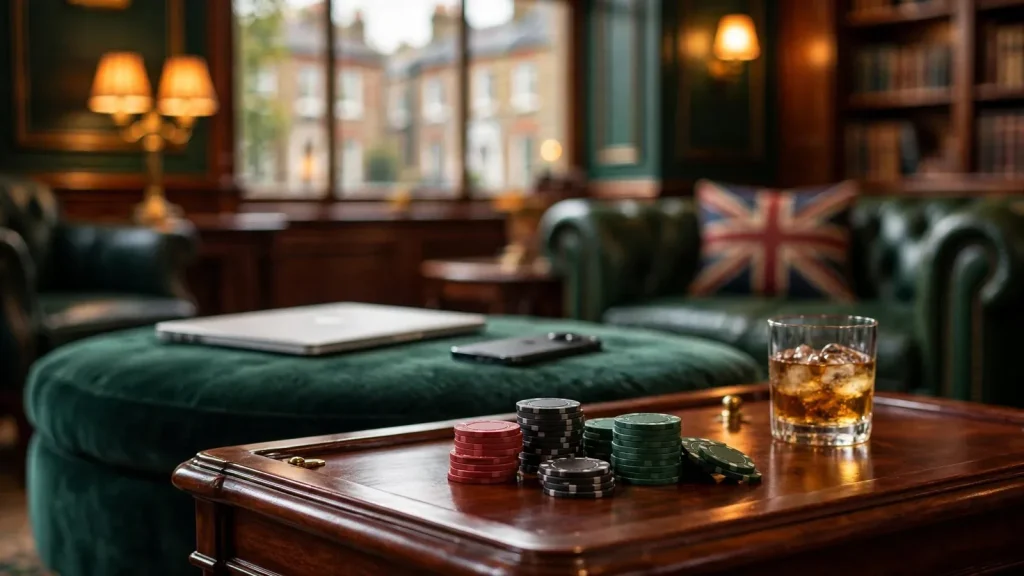 British casino lounge with chips, whisky and devices
