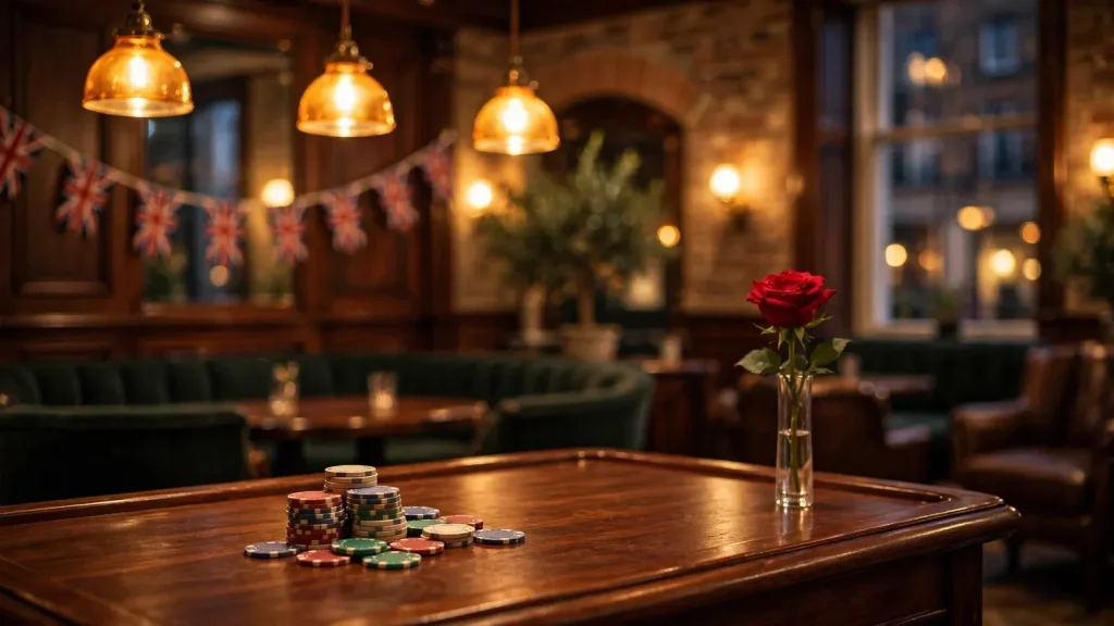 Stylish London casino lounge with card table, chips and warm amber lighting