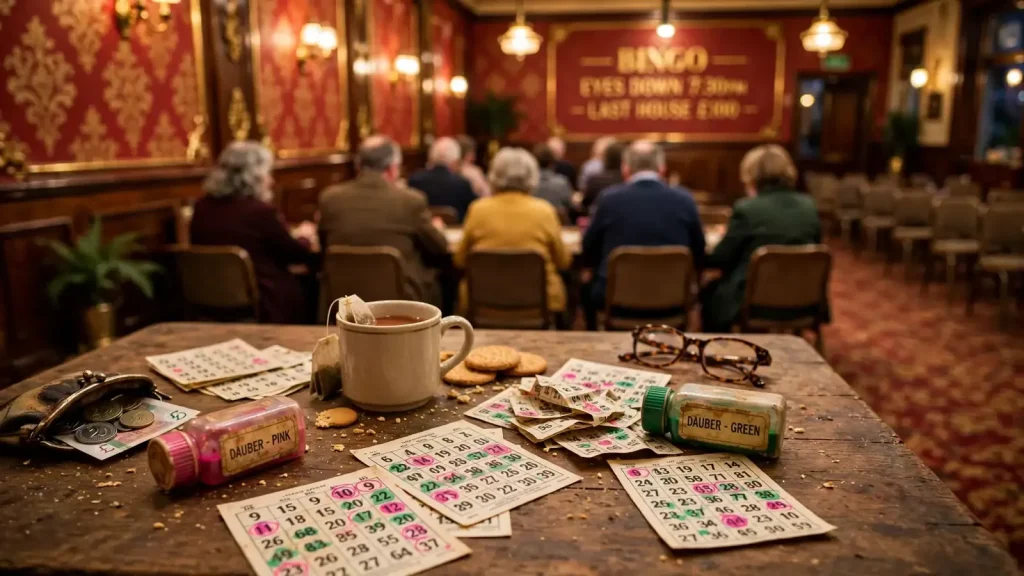 Traditional British bingo hall with dauber cards and warm lighting