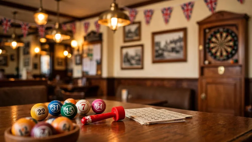Colorful bingo balls and dauber on wooden table in traditional British bingo hall