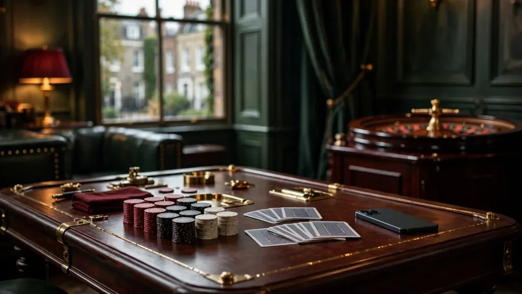 Elegant UK casino scene with gaming table and turned smartphone