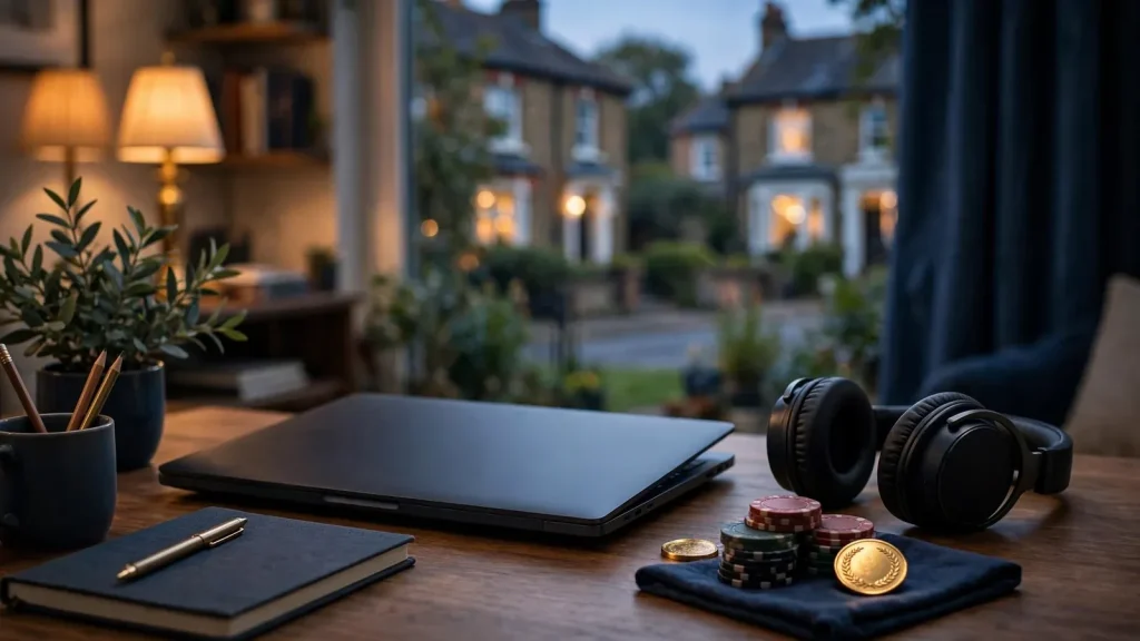 Closed laptop with bonus token and casino chips in a UK setting