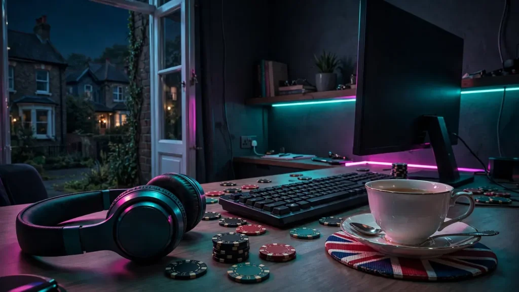 Stylish UK online casino desk setup with neon lighting and casino chips
