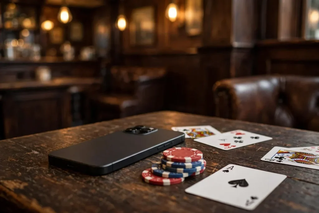 Smartphone on a wooden pub table with poker chips and playing cards in a British pub.