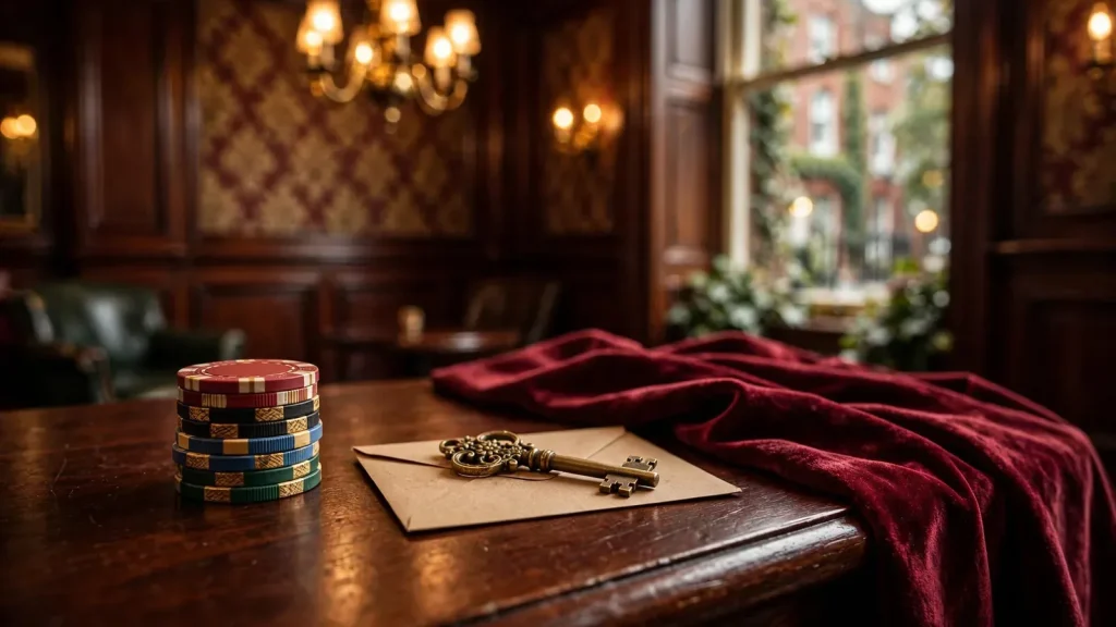 Casino chips stacked beside a golden key on an envelope, warm British club interior.