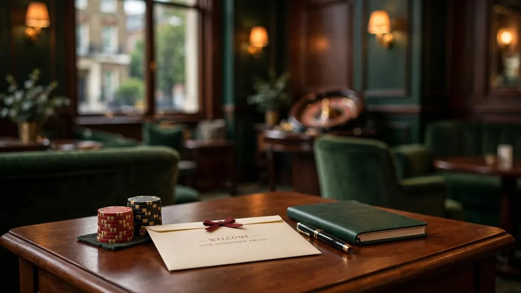 Empty UK casino lounge with welcome envelope and chips on a wooden table