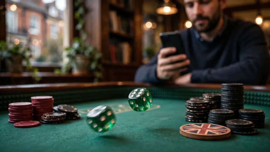 Green dice rolling on a craps table with casino chips and a smartphone nearby.