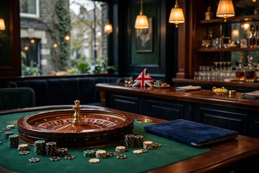 British online casino lounge with chips and roulette wheel
