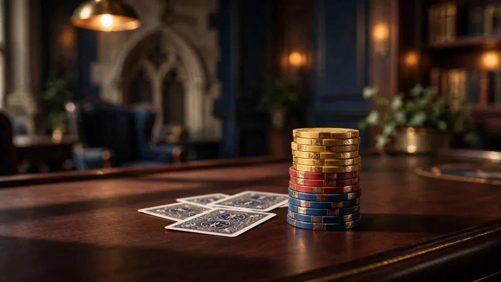 Elegant casino table with stacked chips and cards in a refined British setting.