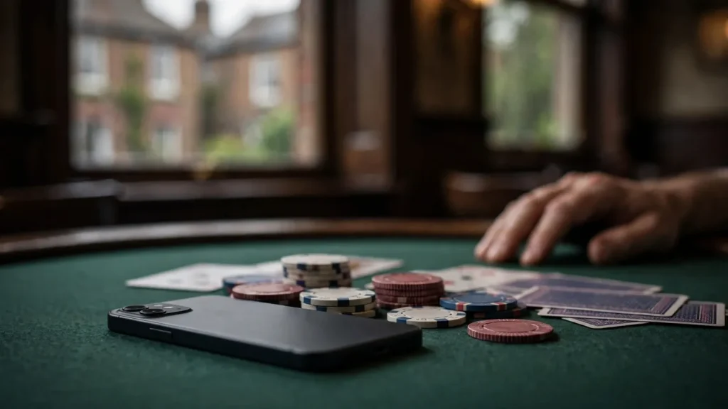 Face-down smartphone with casino chips on a green UK-themed table