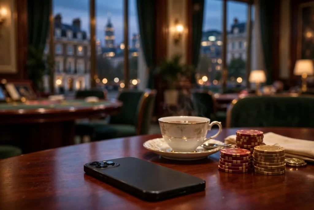 British live casino studio atmosphere with chips and tea on table