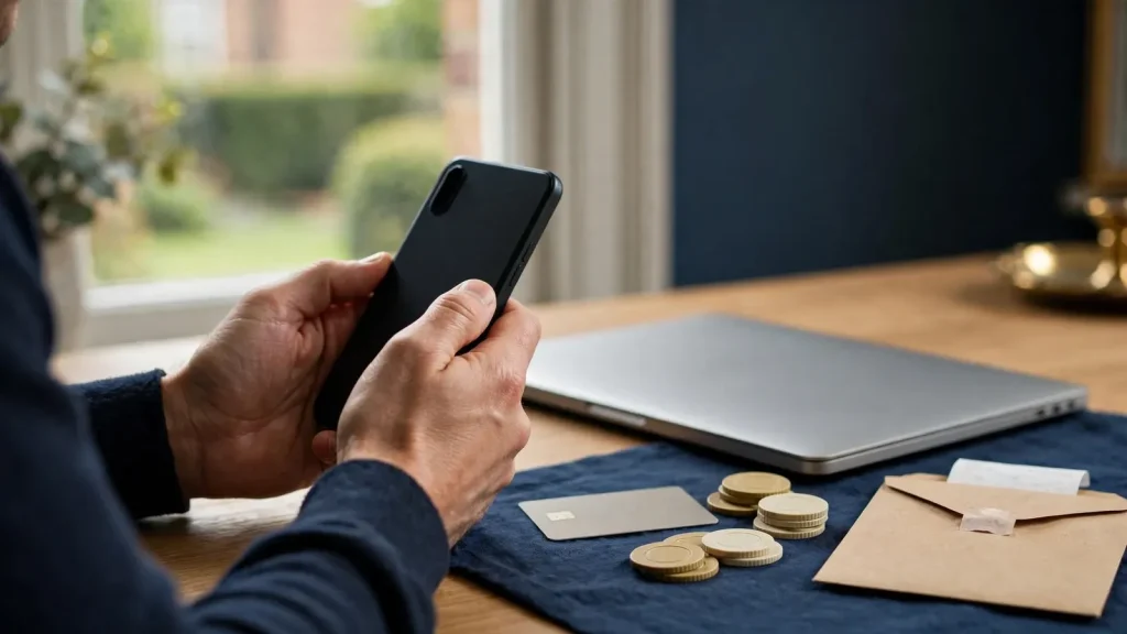 Secure UK casino payout scene with hidden phone and payment items