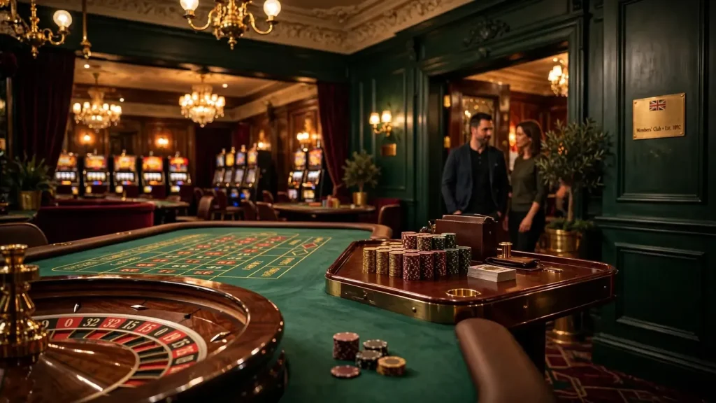 Elegant casino interior with roulette table and stacked chips