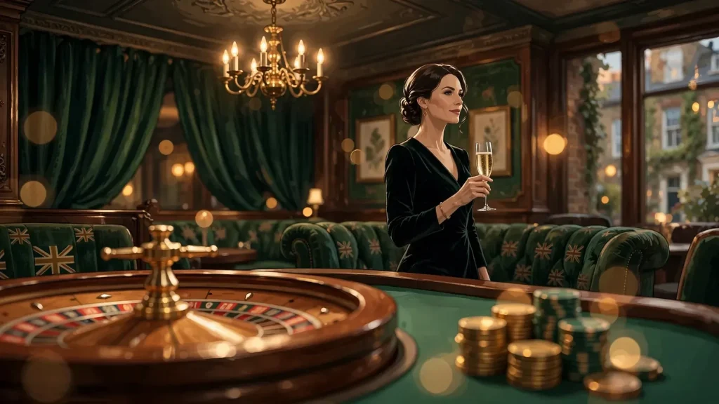 Stylized British casino lounge with roulette wheel, chips, and emerald decor.