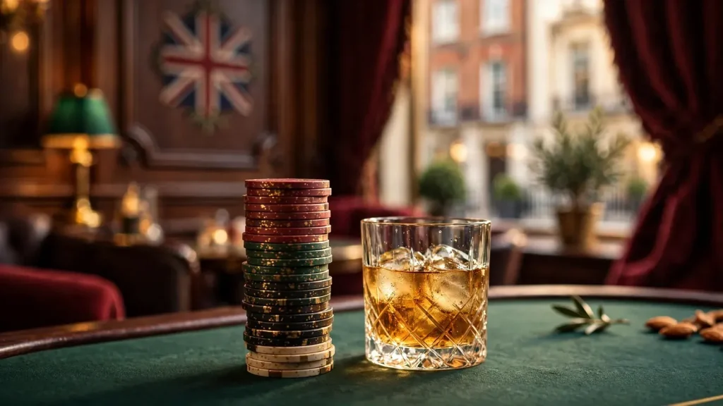 Elegant London high-roller casino scene with premium chips and whisky
