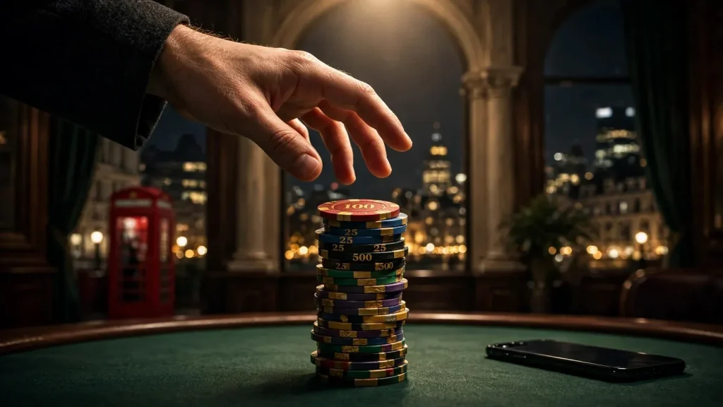 Dramatic casino scene with stacked chips and London skyline, evoking high-stakes slot anticipation.
