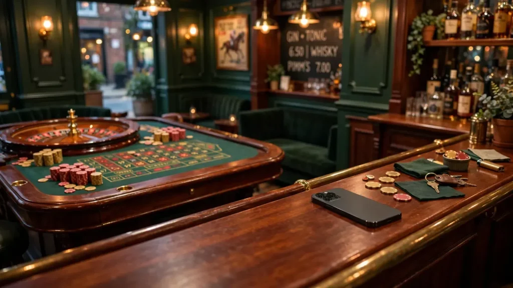 Elegant British casino lounge with roulette table and chips