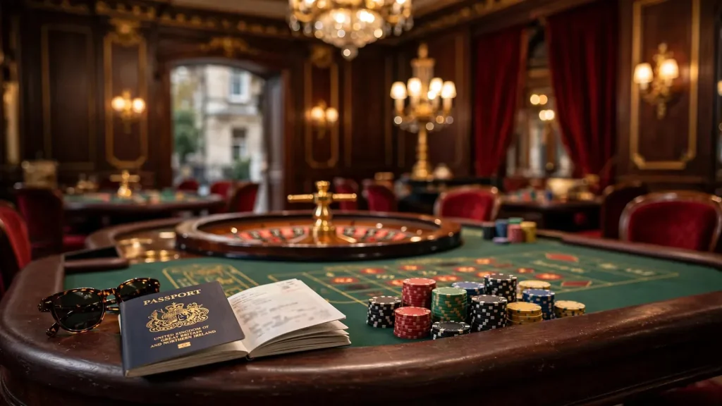 Luxurious casino table with chips and British passport suggesting international gambling