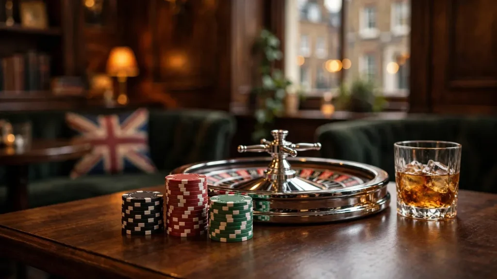 Elegant UK casino table with chips and roulette wheel