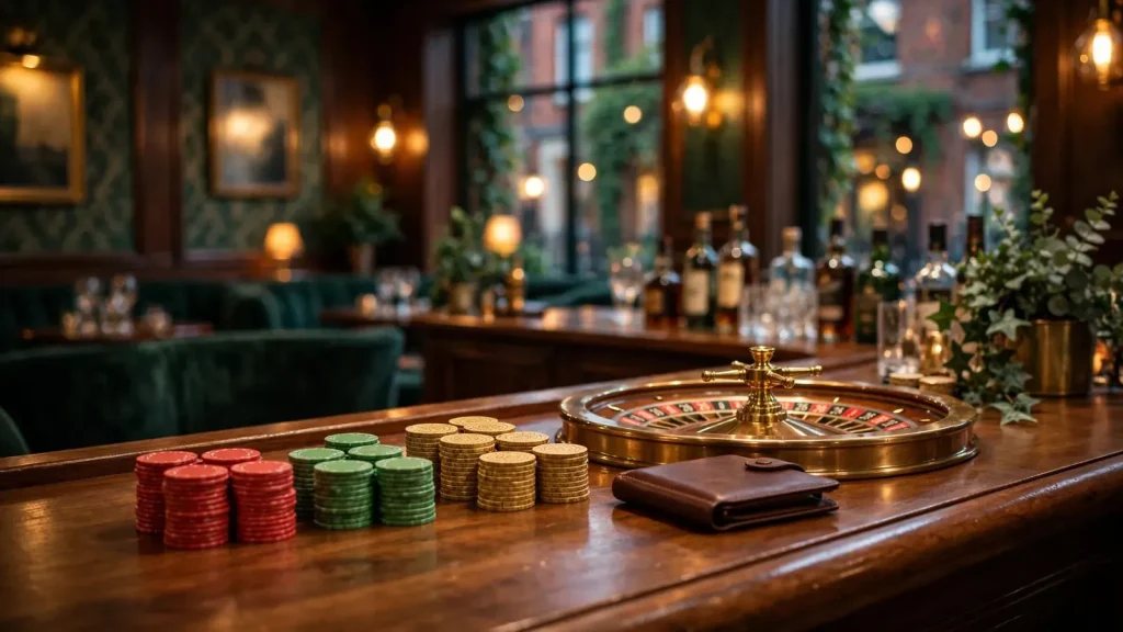 Stylish British casino lounge with chip stacks and roulette wheel