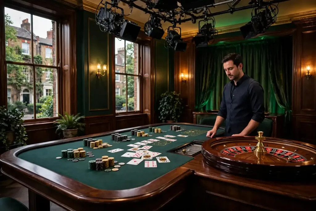 Dealer hosting games in a premium UK live casino studio