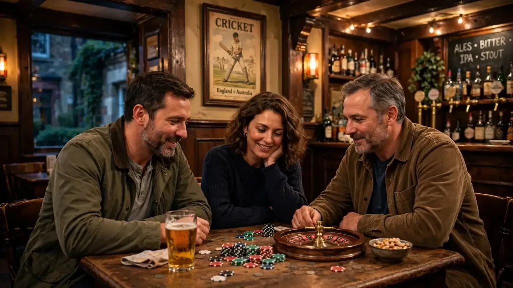 Cozy British pub scene with poker chips and roulette wheel on wooden table