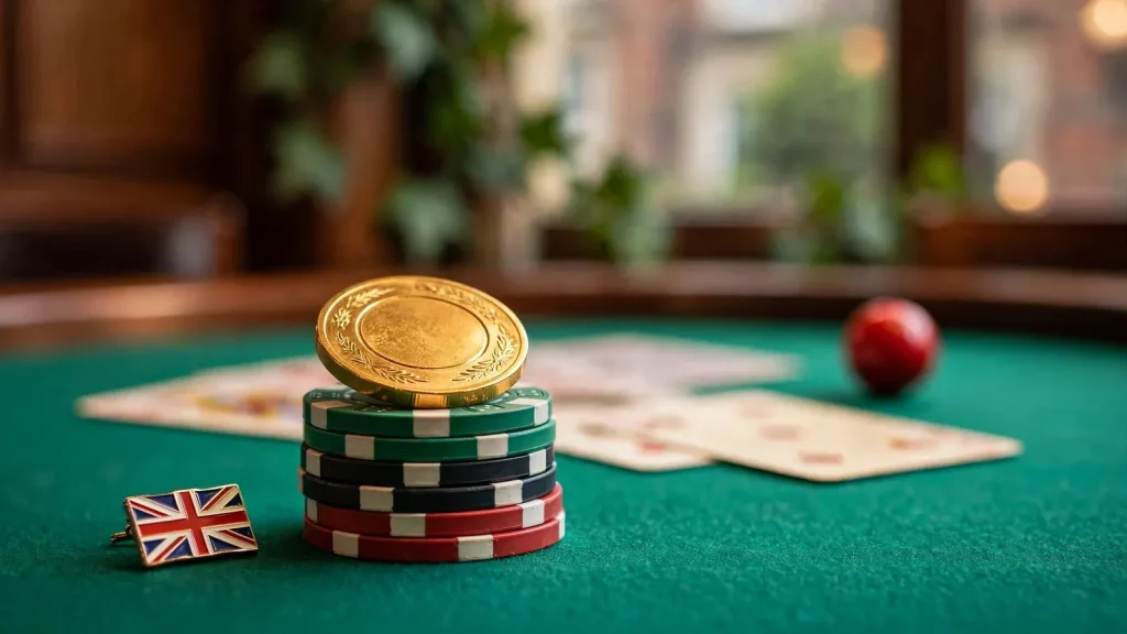 Small stack of poker chips with a golden bonus chip on green felt, UK accents