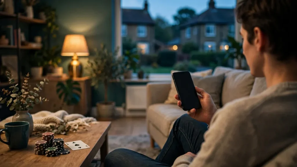 Person holding a smartphone in a cozy UK living room with casino chips nearby