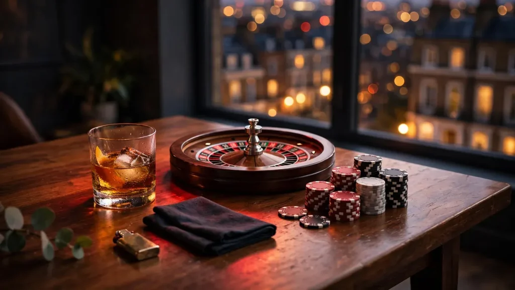 Elegant casino-themed still life with roulette wheel, chips and whisky in warm evening light