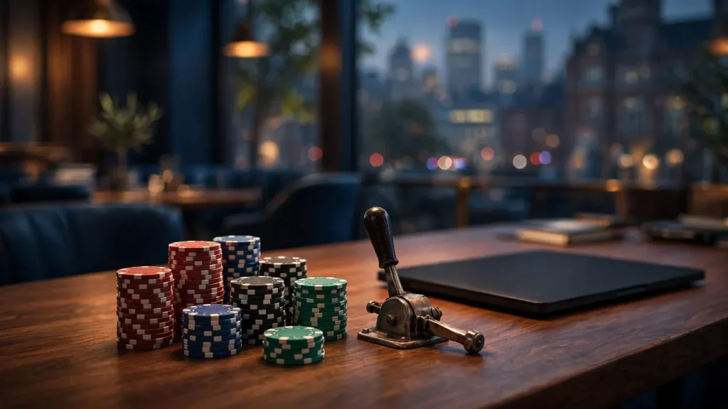 Modern UK online casino lounge with chips and closed laptop