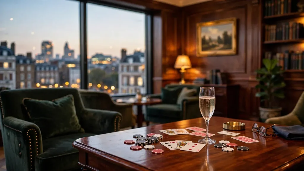 Elegant British lounge with poker chips and London skyline