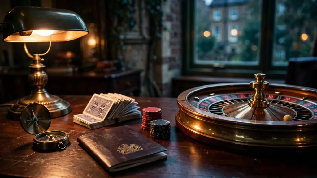 Roulette wheel, chips, cards and passport on a dark desk
