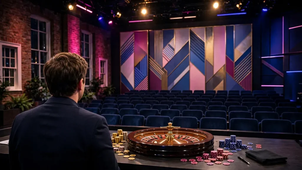 Live game-show studio with roulette wheel and casino chips